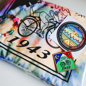 Bicycle Day GIFT PACK: Tie-Dye T-Shirt + Enamel Pin + Kandi Bracelet, Albert Hofmann 1943, Vintage Acid Blotter Art Psychedelic Hippie