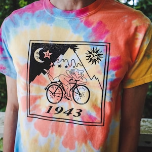 T-shirt tie-dye jour de bicyclette, buvard sérigraphié vintage, voyage acide à vélo Albert Hofmann 1943, cadeau festival hippie psychédélique chimiste