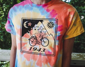 Bicycle Day Tie-dye T-shirt, Vintage Screenprinted Blotter