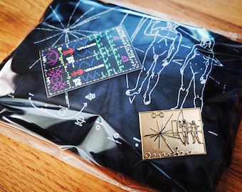 Pioneer Plaque GIFT PACK: Tie-Dye T-Shirt + Gold Enamel Pin + Arecibo Sticker, Extraterrestrial UFO Alien Art, Space Probe Tribute 70s 80s