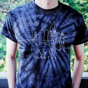 MIDNIGHT Pioneer Plaque Tie-Dye T-Shirt, Extraterrestrial Alien, Space Probe Tribute, UFO Moon Earth Lunar Galaxy Voyager 70s 80s Science