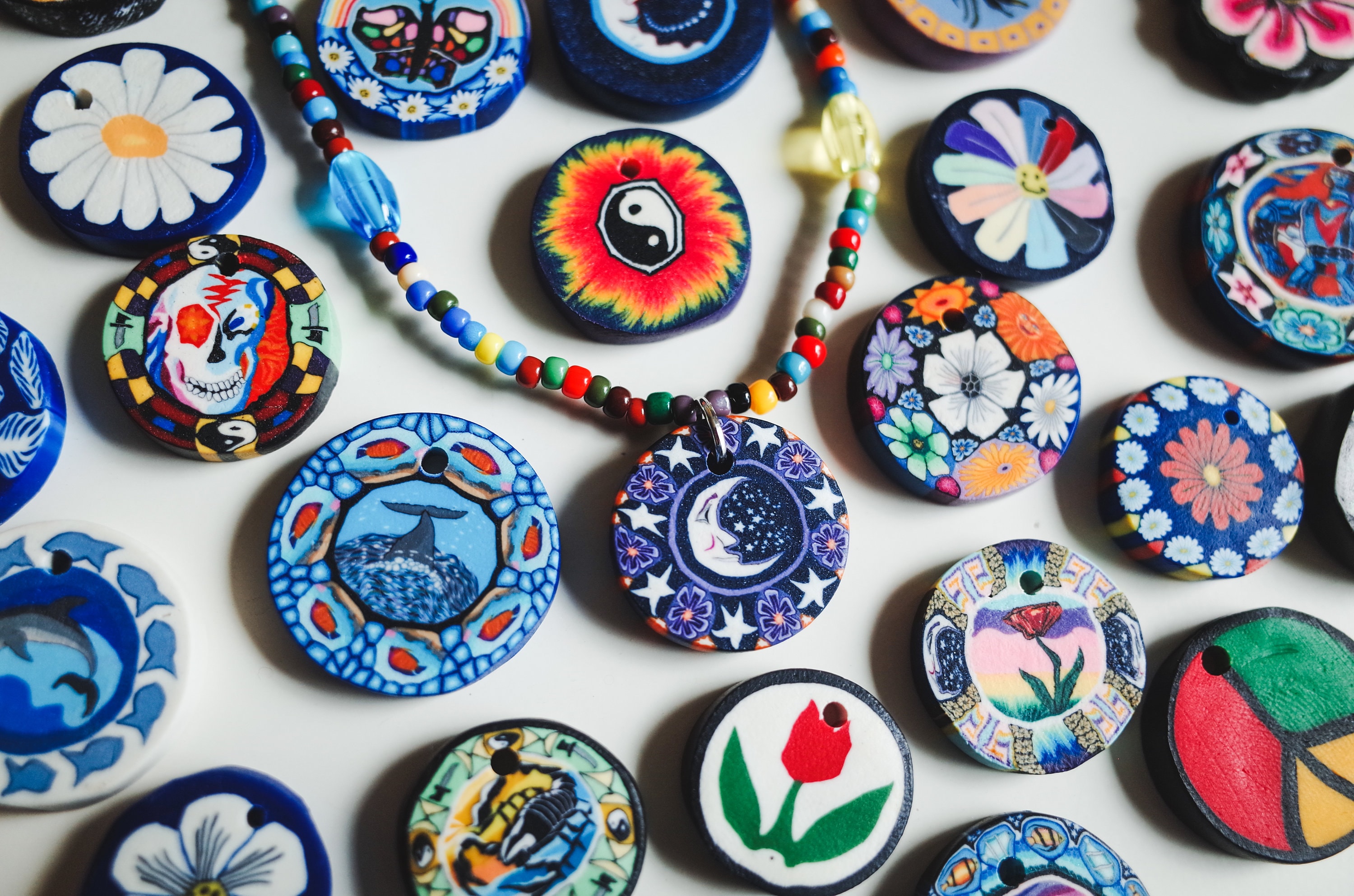 Vintage 90s Clay Pendant Necklace, Hippie Charm Jewelry Gift, Flower Sun Moon Stars Butterfly Raver Nature Smiley Fairy Mushroom Y2K Choker