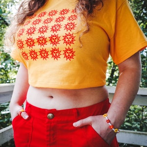 Orange Sunshine CROP TOP Screenprinted T-Shirt, Vintage Acid Blotter Art, Albert Hofmann Bicycle Day Prankster Psychedelic Hippie Raver Gift