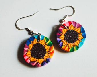 Vintage 90s Rainbow Sunflower Earrings, Hippie Friendship Clay Jewelry, Wildflower Blossom Child Floral Flower Charm Fairy Folk Indie Twee