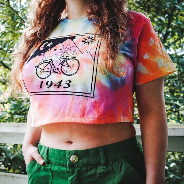 Bicycle Day CROP TOP Tie-Dye Screenprinted T-Shirt, Vintage Blotter Art, Albert Hofmann 1943 Acid Trip, Chemist Psychedelic Hippie