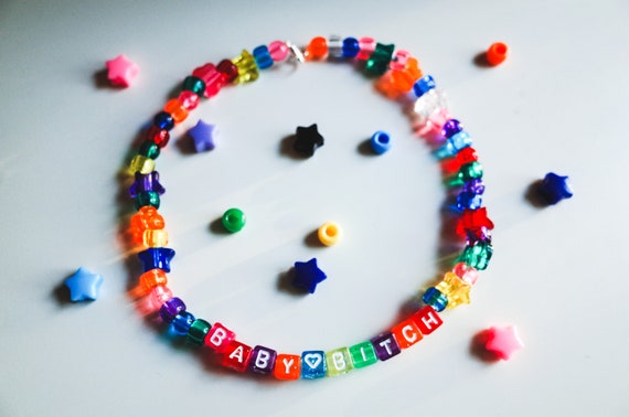 BABY BITCH Beaded Choker Necklace, Vintage 90s Aesthetic Hippie 