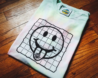 Smiley Face Vintage Acid Blotter Tie-Dye Screenprinted T-Shirt, 90s EDM Raver, Psychedelic Plur Deadhead Hippie Bicycle Day Gift
