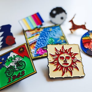 GIFT PACK: Enamel Hat Pins Bundle, Vintage Psychedelic Music Festival Hippie Deadhead 90s Jewelry Flammarion Orange Sunshine Bicycle Day