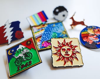 GIFT PACK: Enamel Hat Pins Bundle, Vintage Psychedelic Music Festival Hippie Deadhead 90s Jewelry Flammarion Orange Sunshine Bicycle Day