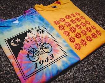 2-PACK: Bicycle Day & Orange Sunshine Screenprinted T-Shirts, Vintage 60s Acid Blotter Art, Albert Hofmann, Psychedelic Hippie Tie-Dye Tees