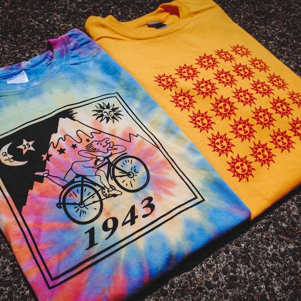 2-PACK: Bicycle Day & Orange Sunshine Screenprinted T-Shirts, Vintage 60s Acid Blotter Art, Albert Hofmann, Psychedelic Hippie Tie-Dye Tees