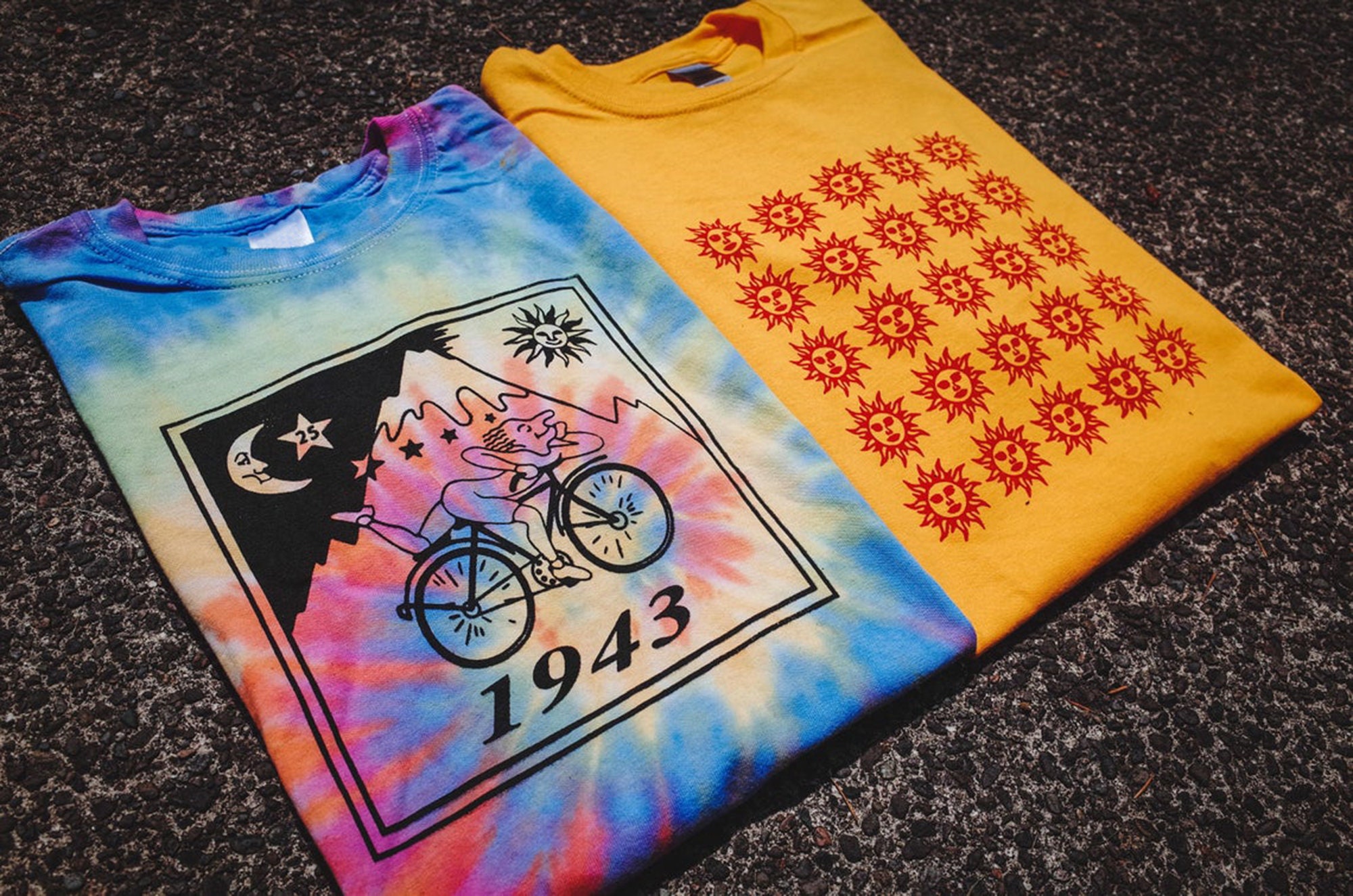 2-PACK: Bicycle Day & Orange Sunshine Screenprinted T-Shirts, Vintage 60s Acid Blotter Art, Albert Hofmann, Psychedelic Hippie Tie-Dye Tees