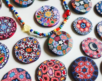 CUSTOM Mosaic Mandala Necklace, Clay Pendant Art, Vintage 90s Hippie Jewelry Gift, Psychedelic Flower Sun Moon Floral Charm Rainbow Choker