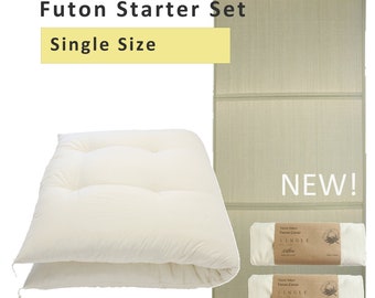 Futon Starter Set - Single size 4 items - Organic Shikibuton, Tatami Pad, Two Futon Covers (Organic cotton)
