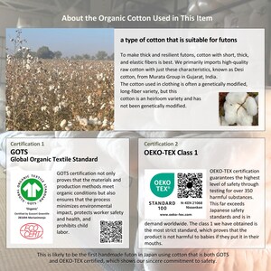 K&ouml;nnte beinhalten: Eine Infografik &uuml;ber Bio-Baumwolle f&uuml;r Futons mit einem Baumwollfeld, einer Nahaufnahme einer Baumwollkapsel und Text zu GOTS- und OEKO-TEX-Klasse-1-Zertifizierungen, die die Sicherheit und die gentechnikfreie Herkunft der Baumwolle hervorheben.