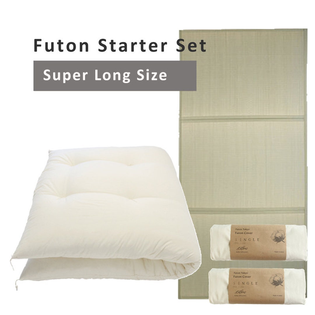 Futon Starter Set 4 Items Super Long Size Organic Shikibuton, Long Tatami Mat, Two Organic Futon