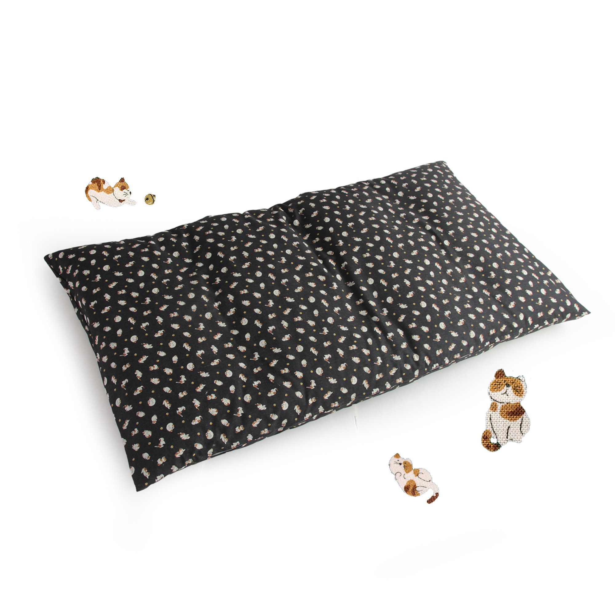 Cushion Inner and Suzuneko Pattern Cover Black, Double Length Zabuton, Naga (long) Zabuton, Japanese Cushion, Hand Made