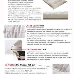 May include: A white Japanese handmade futon mattress featuring a hand-sewn finish, 24-thread silk tufts at the corners, and evenly spaced silk binding threads. The mattress has a thick, Kamaboko-shaped center portion filled with cotton padding.