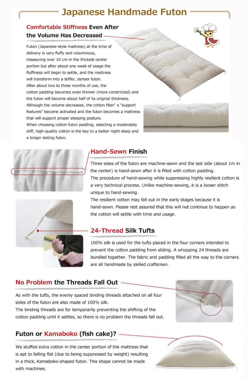 May include: A white Japanese handmade futon mattress featuring a hand-sewn finish, 24-thread silk tufts at the corners, and evenly spaced silk binding threads. The mattress has a thick, Kamaboko-shaped center portion filled with cotton padding.
