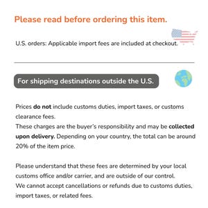 K&ouml;nnte beinhalten: Eine Informationsgrafik mit orangefarbenem Text Please read before ordering this item, gefolgt von schwarzem Text zu Zollgeb&uuml;hren, Einfuhrsteuern und Abfertigungsgeb&uuml;hren f&uuml;r internationale Bestellungen, inklusive US-Flagge und Globus-Symbol.