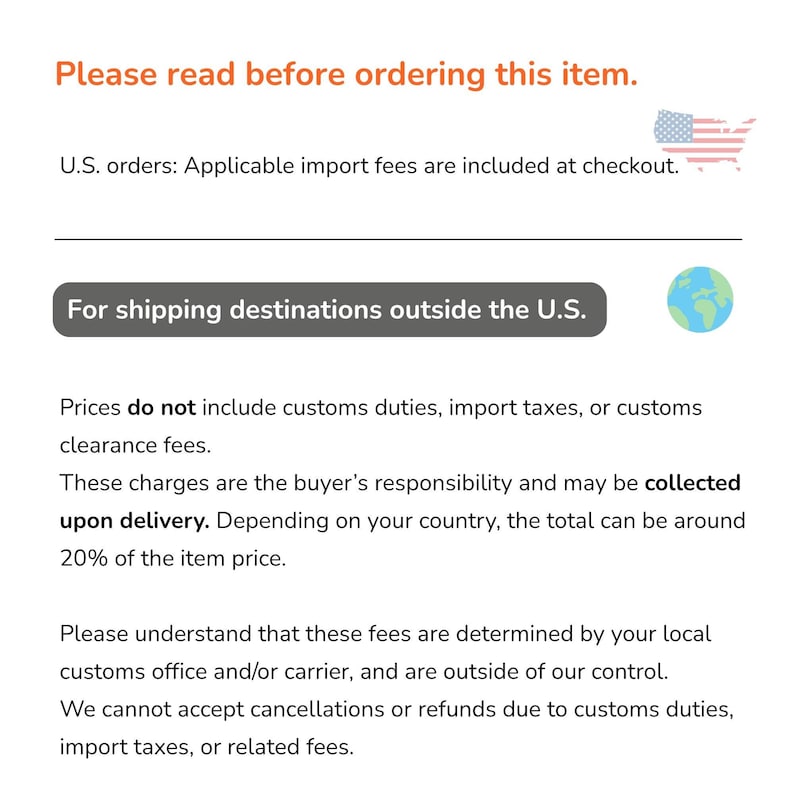 K&ouml;nnte beinhalten: Eine Informationsgrafik mit orangefarbenem Text Please read before ordering this item, gefolgt von schwarzem Text zu Zollgeb&uuml;hren, Einfuhrsteuern und Abfertigungsgeb&uuml;hren f&uuml;r internationale Bestellungen, inklusive US-Flagge und Globus-Symbol.