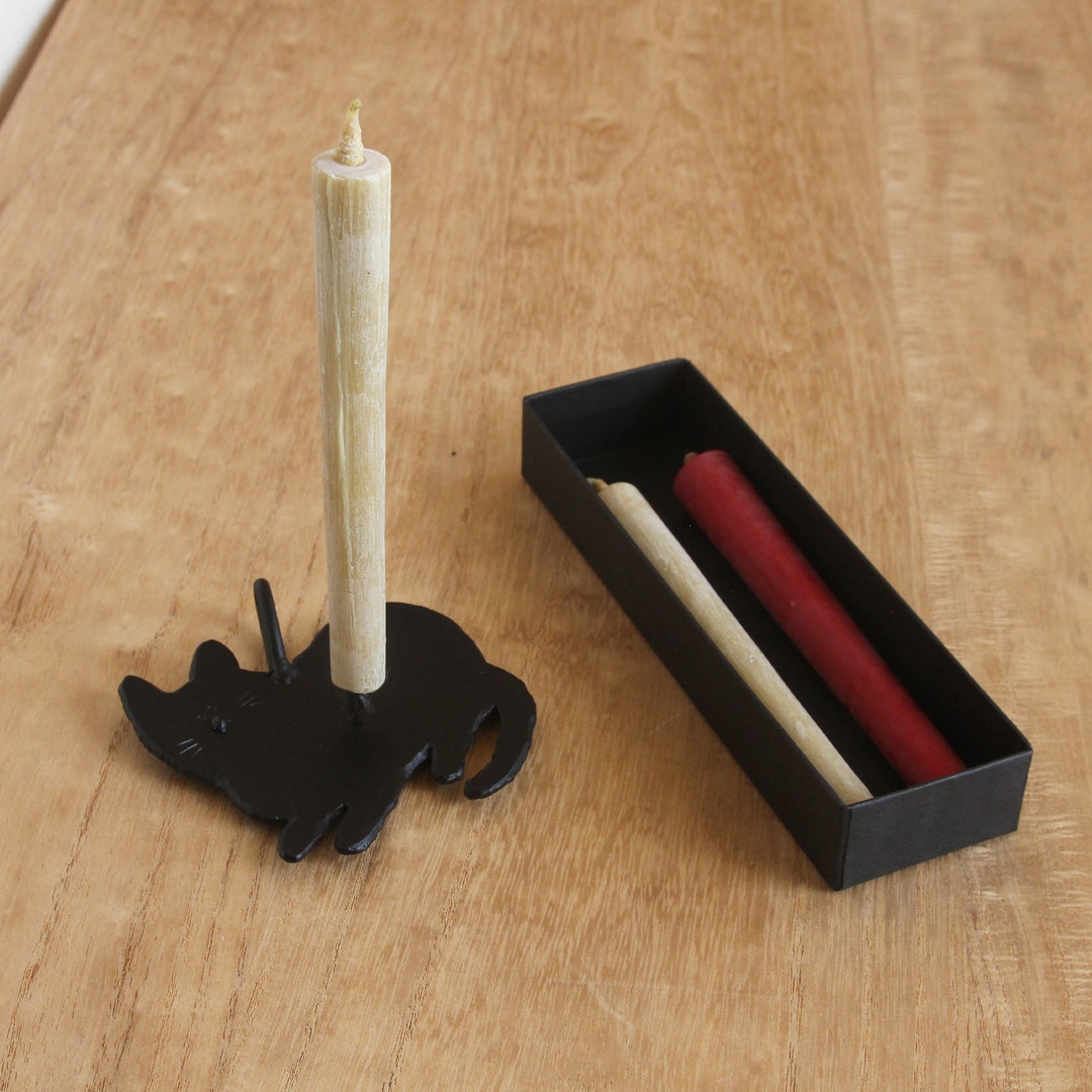 Traditional Japanese Wax sumac Candles & Iron Candle Holder cat or