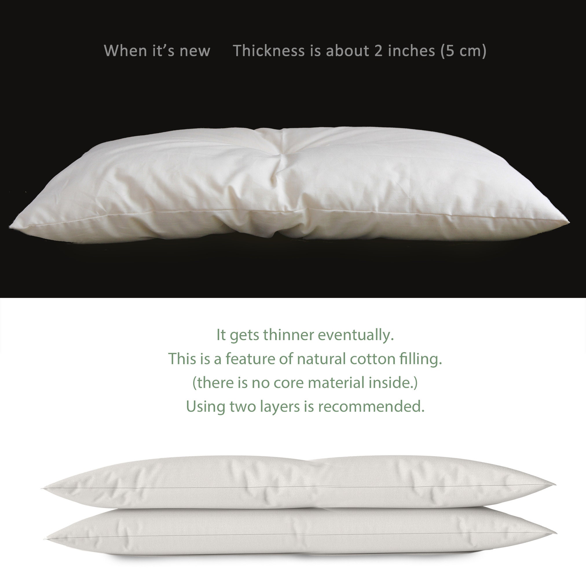 Organic Extra Thin Pillow, Artisan Handmade (Fabric: Organic Cotton,  Filling: Organic Cotton 100% 300g) 17 x 25 in (43 x 63 cm) Pillow Topper