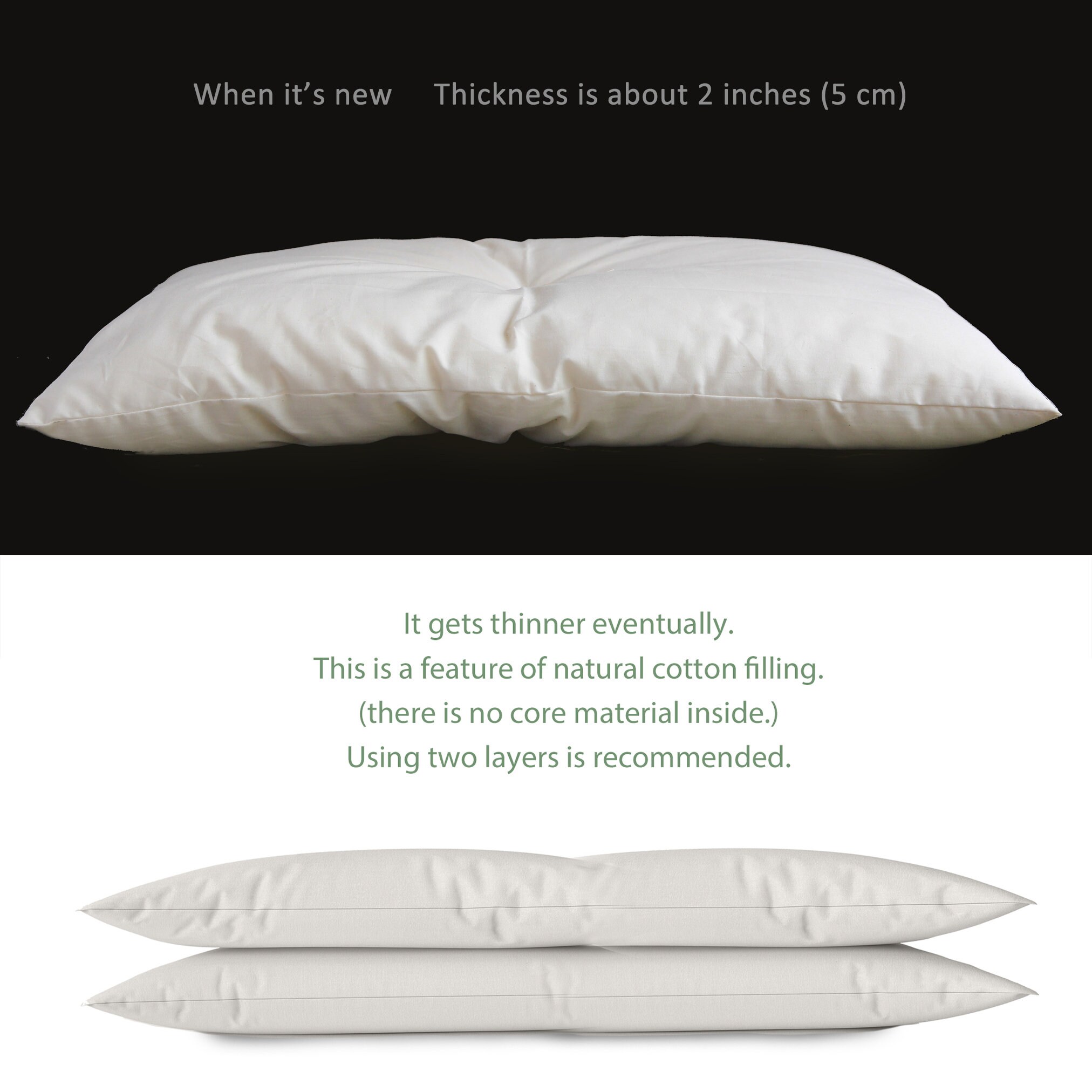 Set of Organic Extra Thin Pillow and Organic Case, Artisan Handmade  (Fabric: Organic Cotton, Filling: Organic Cotton 100% 300g) 17 x 25 in (43  x 63