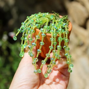 May include: A small terracotta pot filled with moss and a beaded plant. The plant features strands of green beads, creating a cascading effect. The beads are a mix of light and dark green, adding depth to the design.