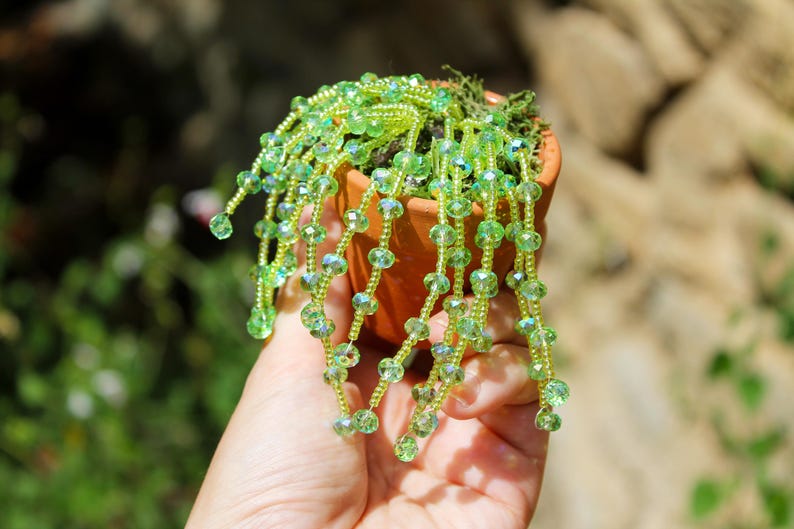 May include: A small terracotta pot filled with moss and a beaded plant. The plant features strands of green beads, creating a cascading effect. The beads are a mix of light and dark green, adding depth to the design.