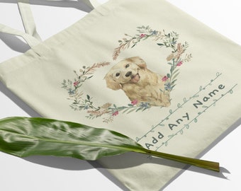 Sac fourre-tout personnalisé Golden Retriever Dog Portrait Natural Cotton Shopper - Ajouter un nom