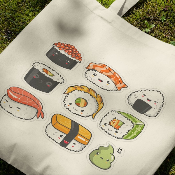 Kawaii Sushi Set Kawaii Printed Natural Cotton Shopper Tote Bag