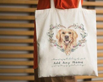 Sac fourre-tout personnalisé Golden Retriever Dog Portrait Natural Cotton Shopper - Ajouter un nom