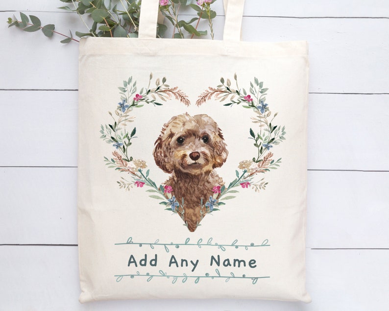 Personalised Brown Cockapoo Dog Portrait Tote Bag 5 Wreath Styles + With or Without Name Add A Name