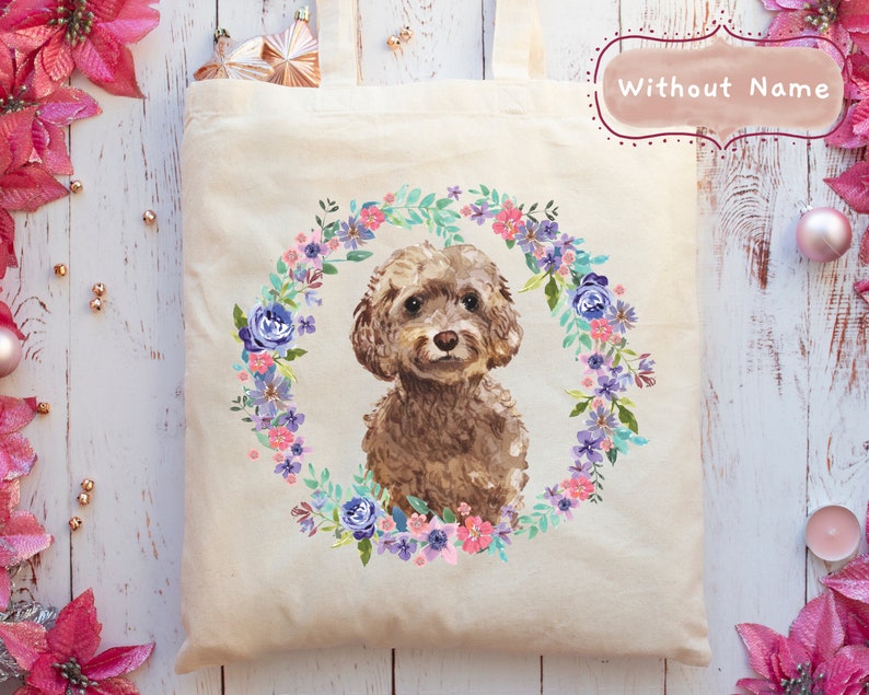 Personalised Brown Cockapoo Dog Portrait Tote Bag 5 Wreath Styles + With or Without Name Add A Name