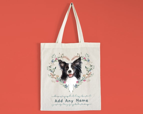 5 Wreath Styles + With or Without Name Add A Name Personalised Border Collie Dog Portrait Tote Bag