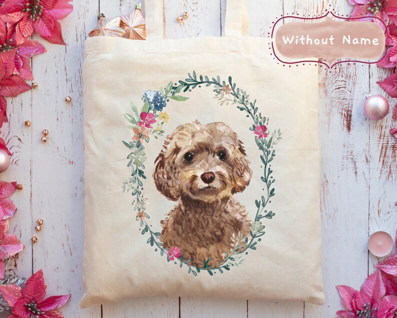 Personalised Brown Cockapoo Dog Portrait Tote Bag 5 Wreath Styles + With or Without Name Add A Name