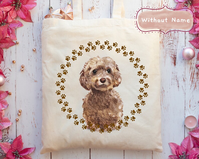 Personalised Brown Cockapoo Dog Portrait Tote Bag 5 Wreath Styles + With or Without Name Add A Name