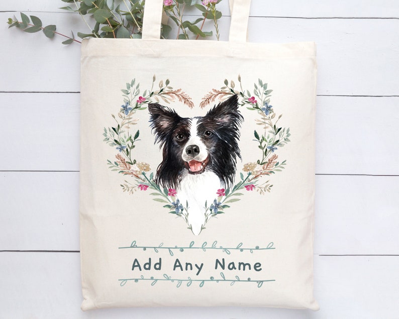 5 Wreath Styles + With or Without Name Add A Name Personalised Border Collie Dog Portrait Tote Bag