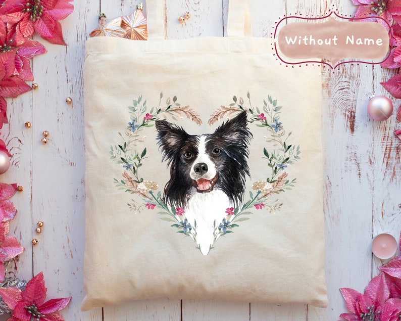 5 Wreath Styles + With or Without Name Add A Name Personalised Border Collie Dog Portrait Tote Bag