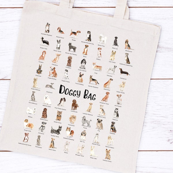 Dog Breeds Printed Cotton Shopper Natural Cotton Tote Bag [60 Breeds Featured]