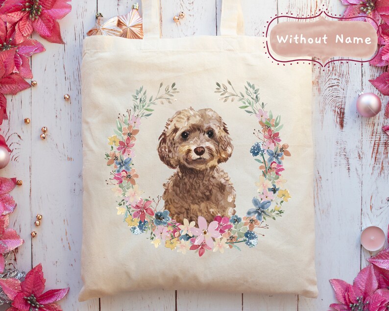 Personalised Brown Cockapoo Dog Portrait Tote Bag 5 Wreath Styles + With or Without Name Add A Name
