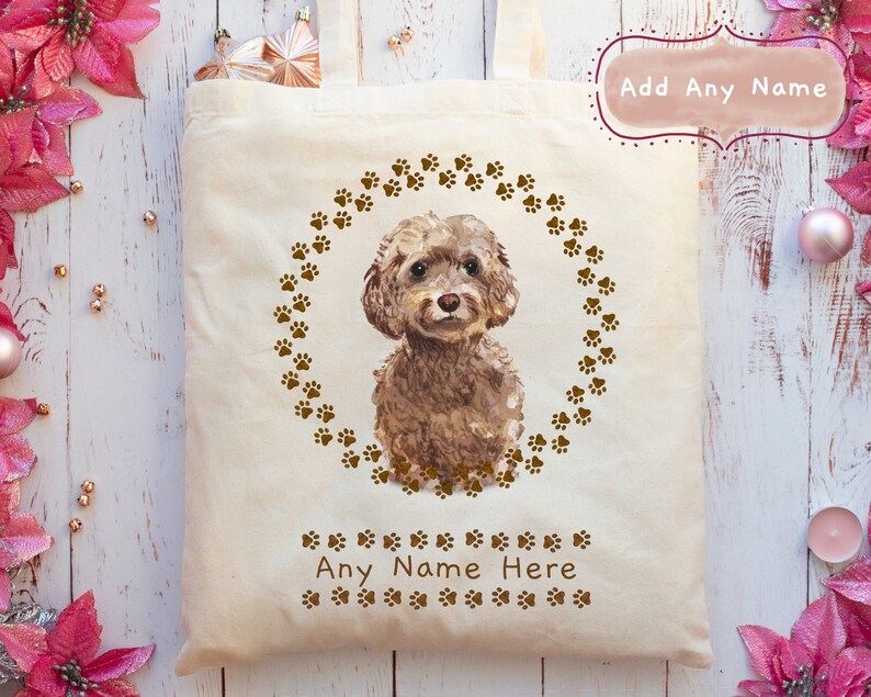 Personalised Brown Cockapoo Dog Portrait Tote Bag 5 Wreath Styles + With or Without Name Add A Name