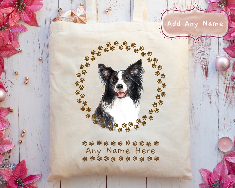5 Wreath Styles + With or Without Name Add A Name Personalised Border Collie Dog Portrait Tote Bag