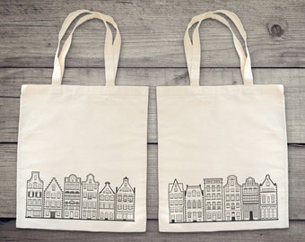 Amsterdam House Facades Natural Cotton Shopper Tote Bag | Netherlands Inspired Printed Bag