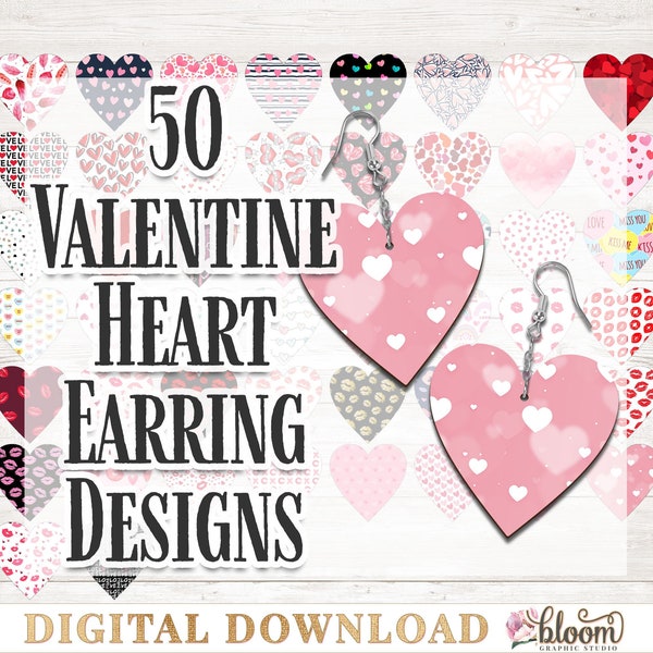 Heart Earrings - 50 Valentine Sublimation Earring Designs for Digital Download in PNG format for Sublimation Blanks, Valentine Designs