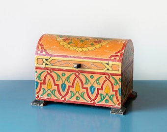 Antique Folklore Storage Box, Old Hand Painted Floral Jewelry Box, Small Colorful Chest, Shabby Chic