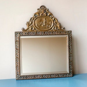 Embossed Copper Mirror With Beveled Glass, Antique Brass Wall Hanging, Hand Carved Ornate Mirror, 1920s