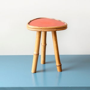 Vintage Bamboo Side Table, Mid Century Modern, Round Plant Stand, Small Organic Shaped Stool With A Red Tabletop