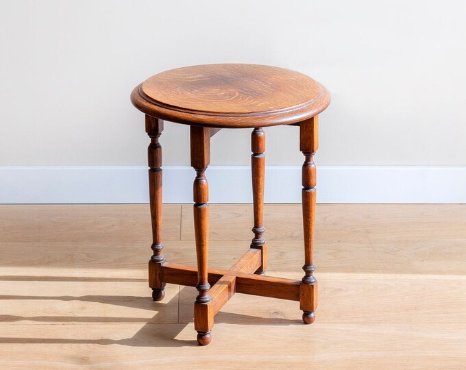 Antique Side Table With Carved Legs, Round Oak Stool, Rustic Wooden ...